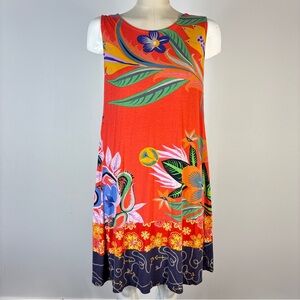 ❤️DESIGUAL Elena Red Tropical Floral Sleeveless Shift Dress Nautical Hem M
